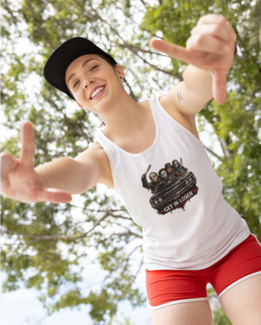Horror Icons Tank Top — 'Get in Loser' Car Design