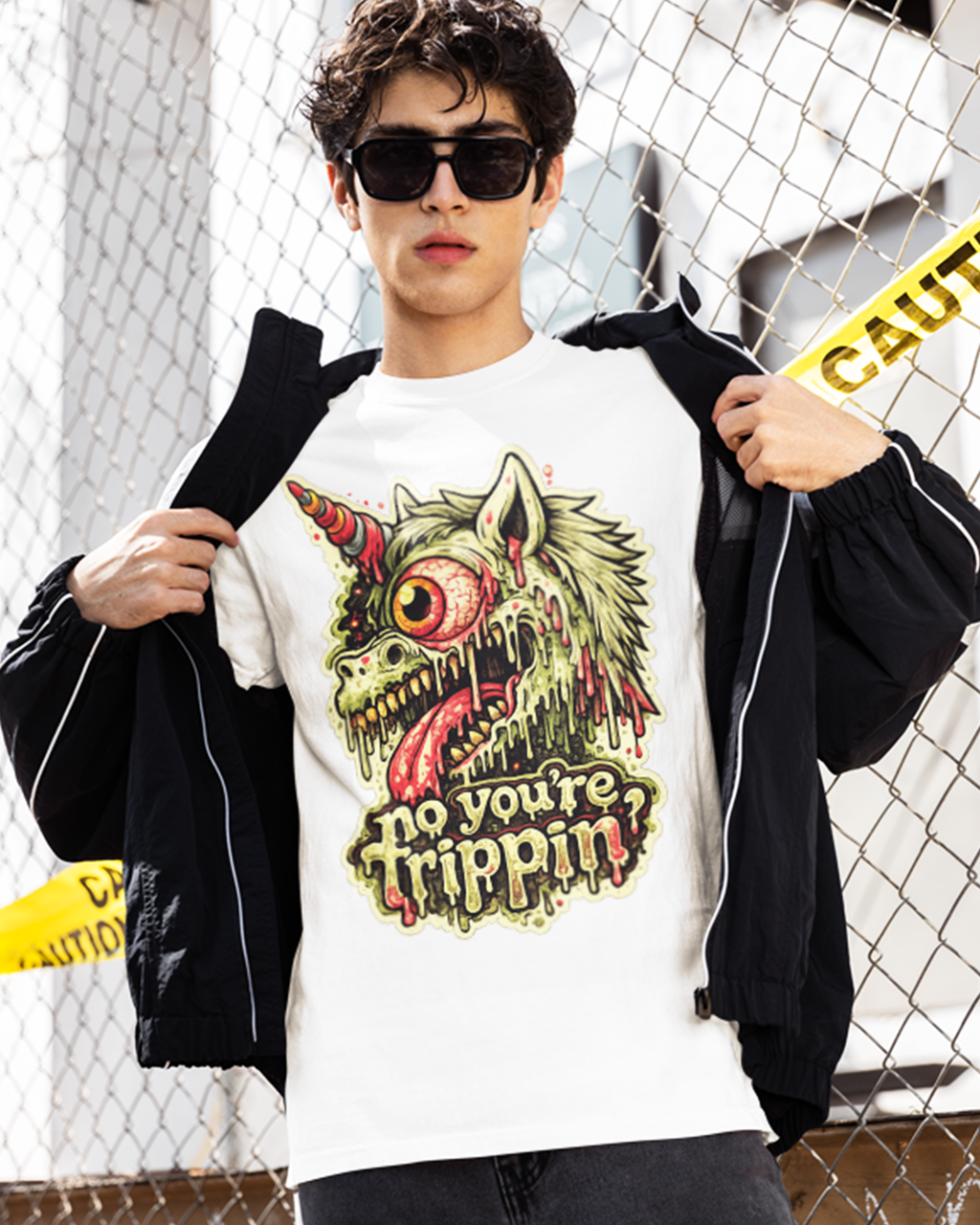 Graphic Tee — 'No You're Trippin' Grotesque Unicorn Skull Shirt